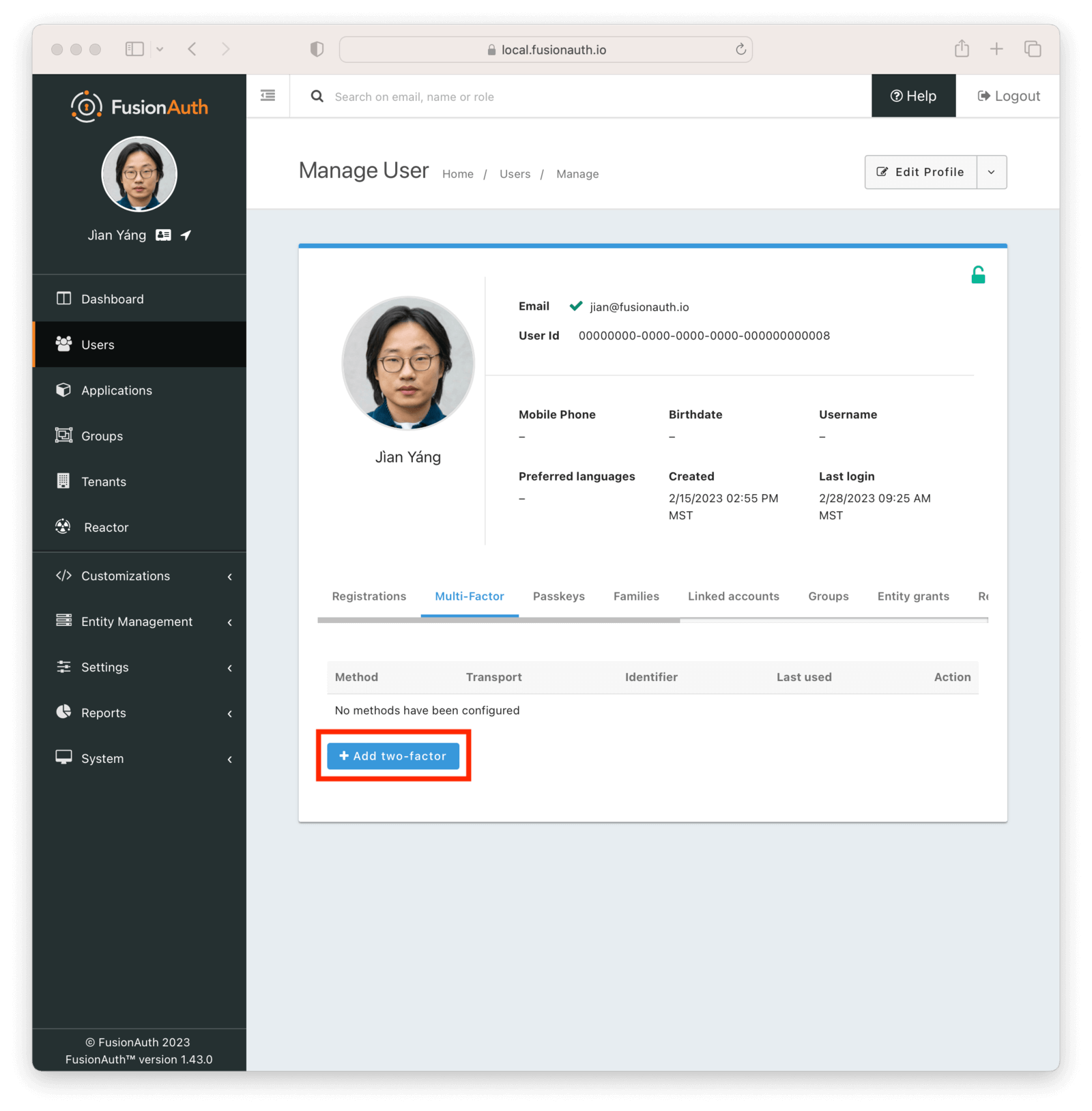 Using the administrative user interface to enable MFA for your own account.