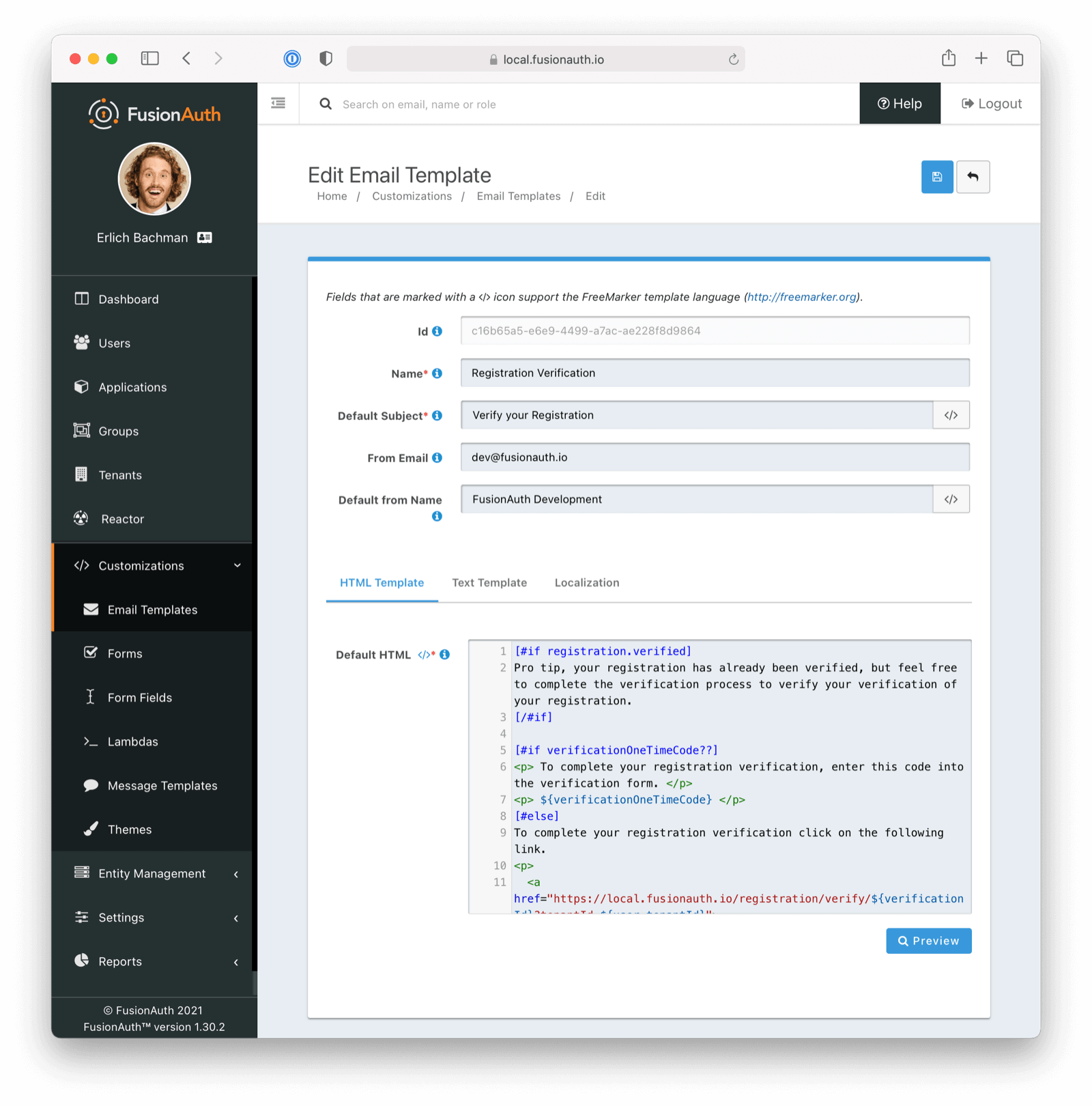 Customizing the registration verification email template