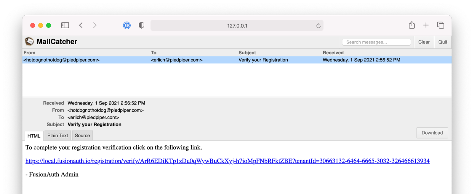 Verification registration in mailcatcher