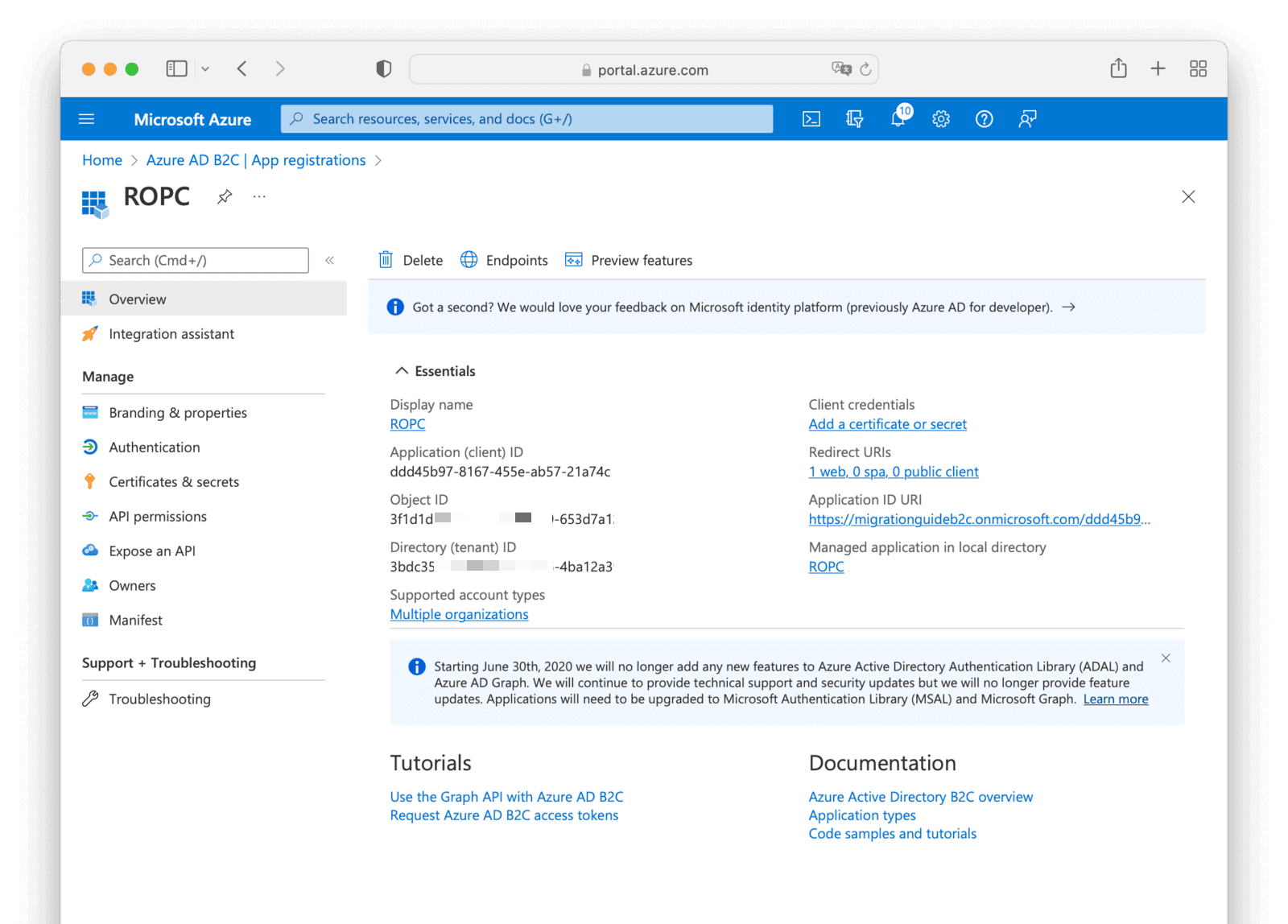 Configuring an ROPC App Registration for migration.