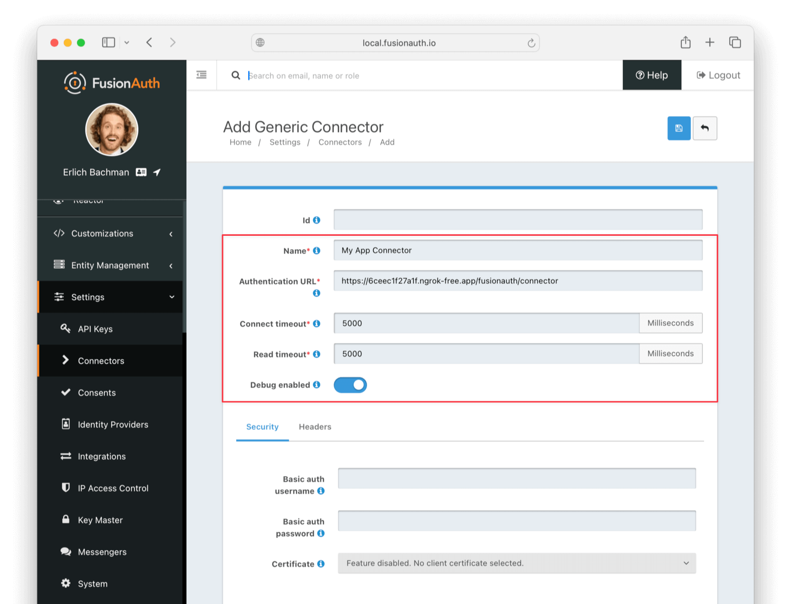 Connector details in FusionAuth.