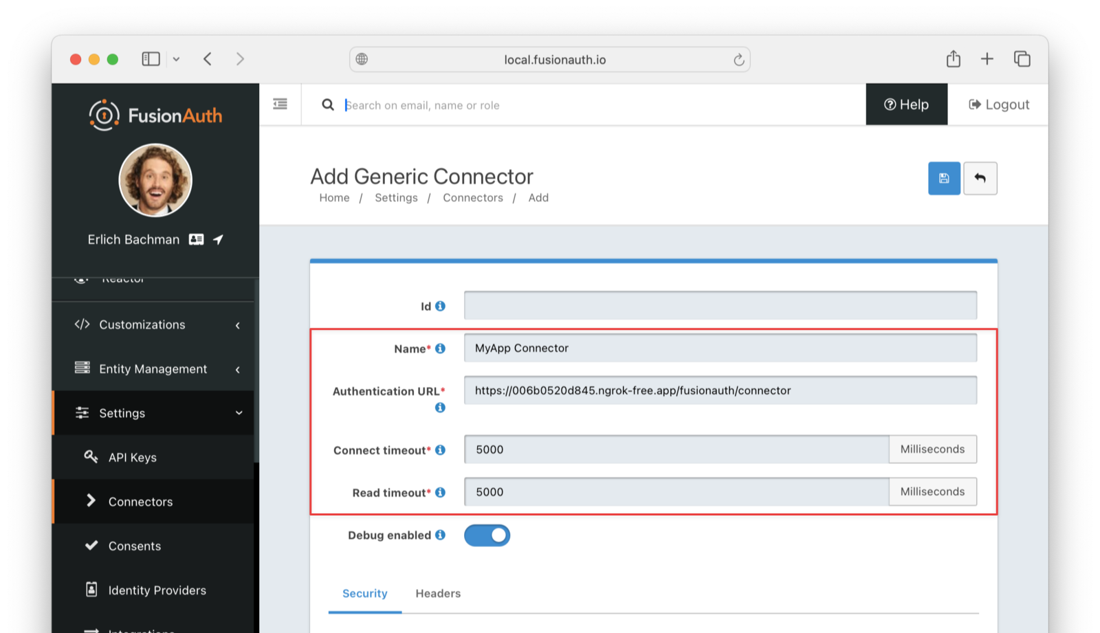 Connector details in FusionAuth.