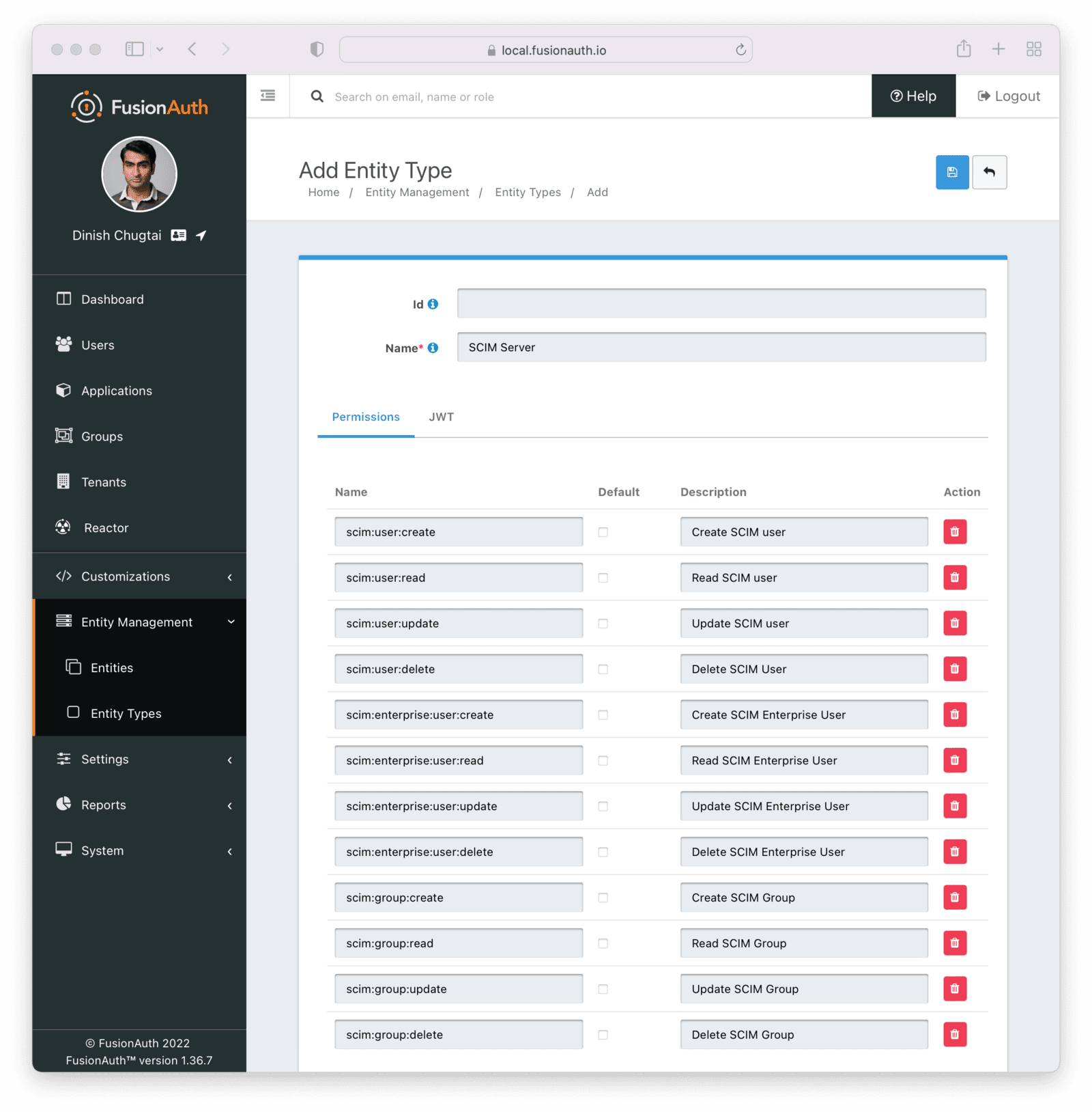 The details page when adding add the SCIM server entity type.