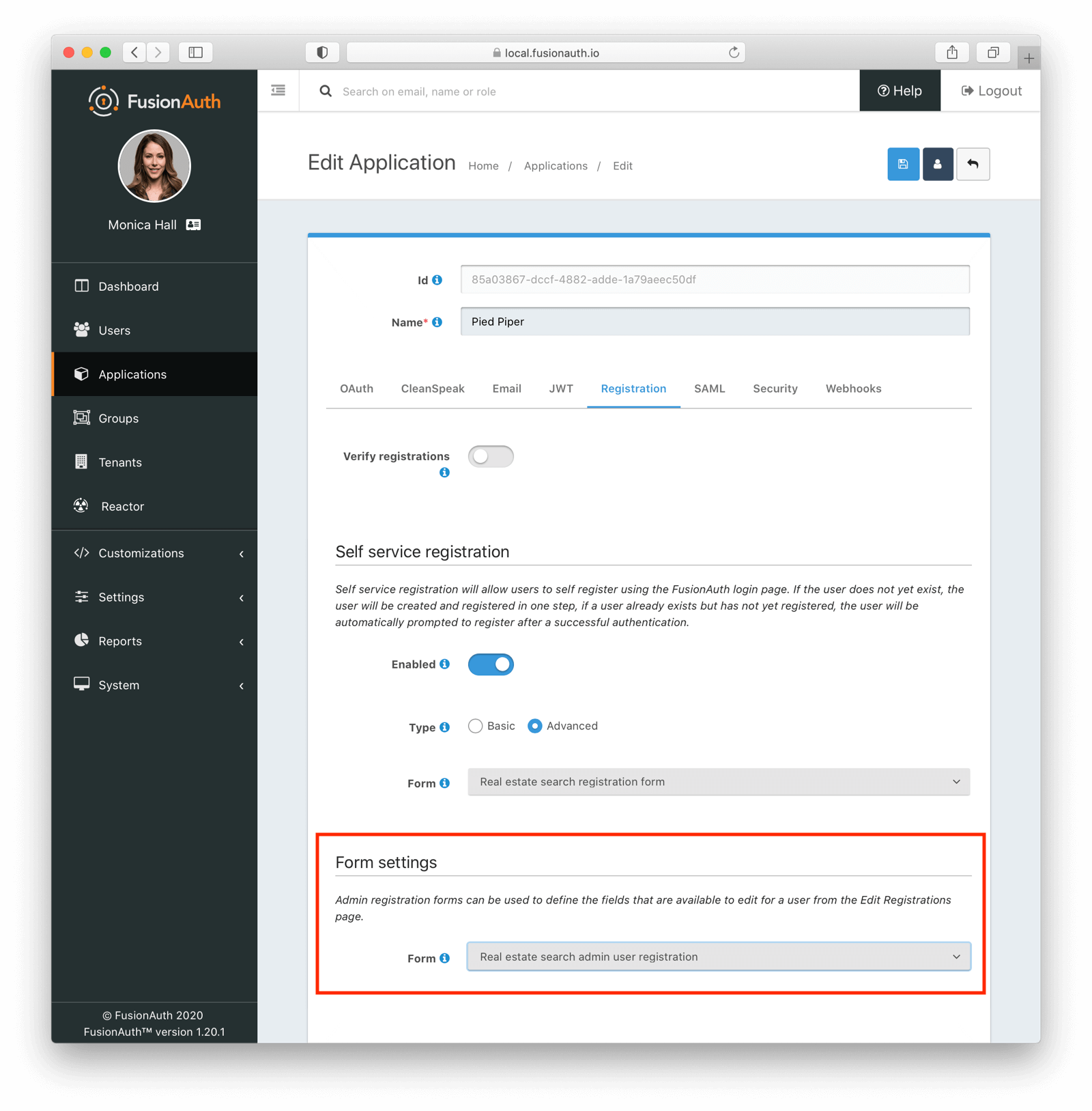 Associating an admin registration form with an application.