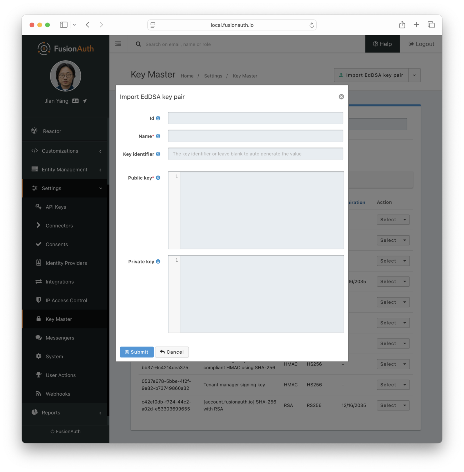 Import an EdDSA key pair.