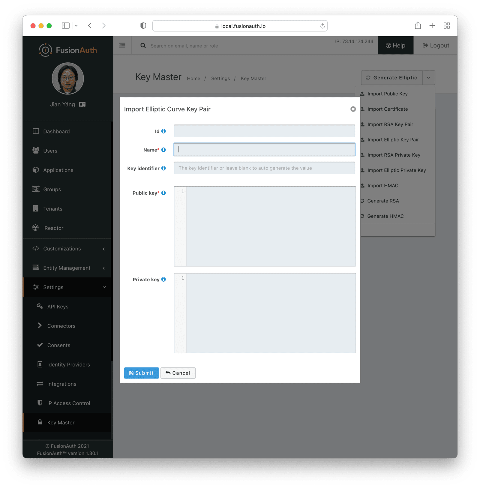 Import an ECC key pair.