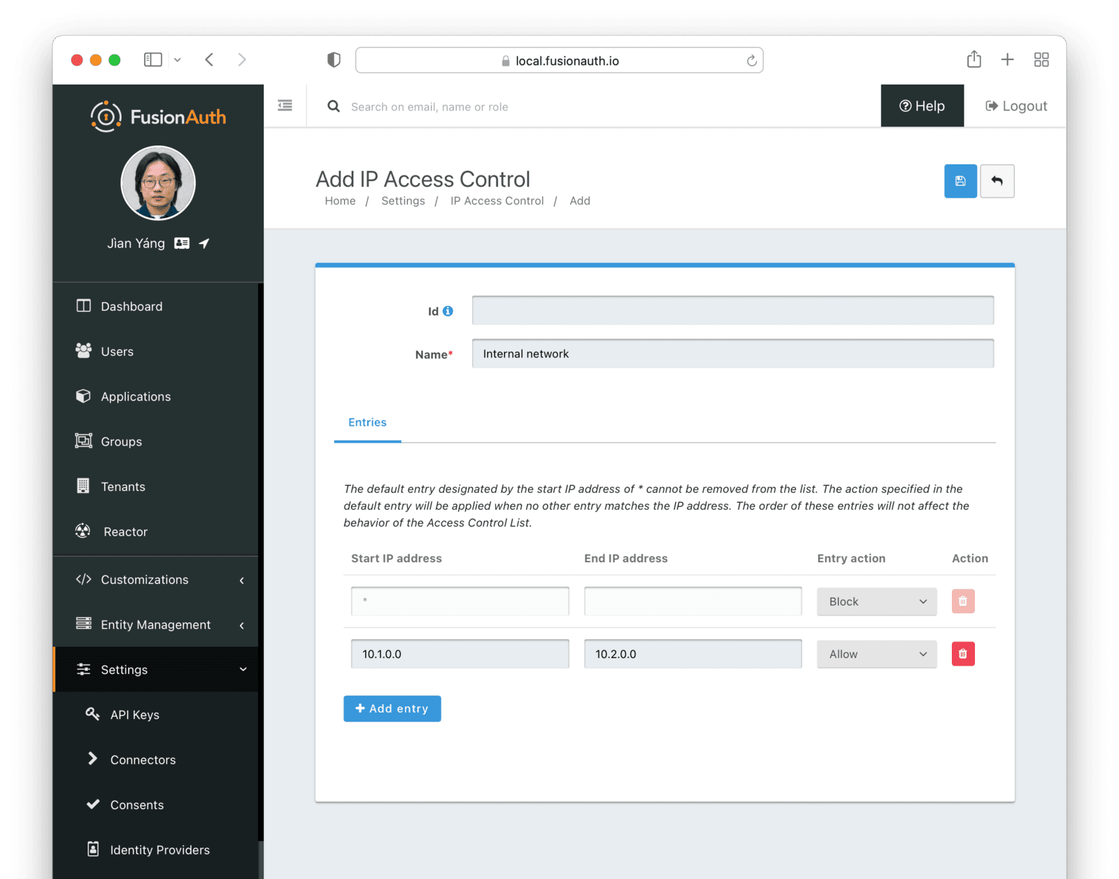 The IP access control list configuration screen.